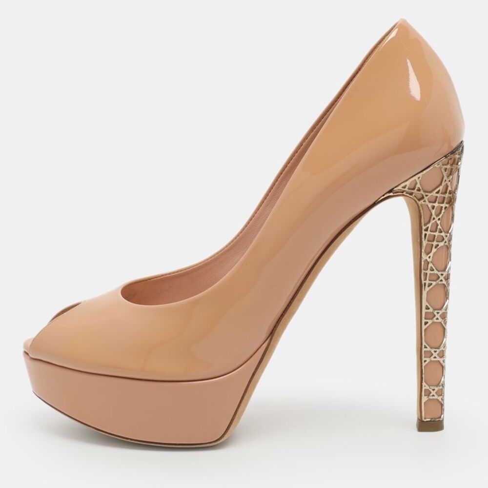 Dior Miss Dior Size 38.5 Beige Patent Leather Peep Toe Platform Pumps